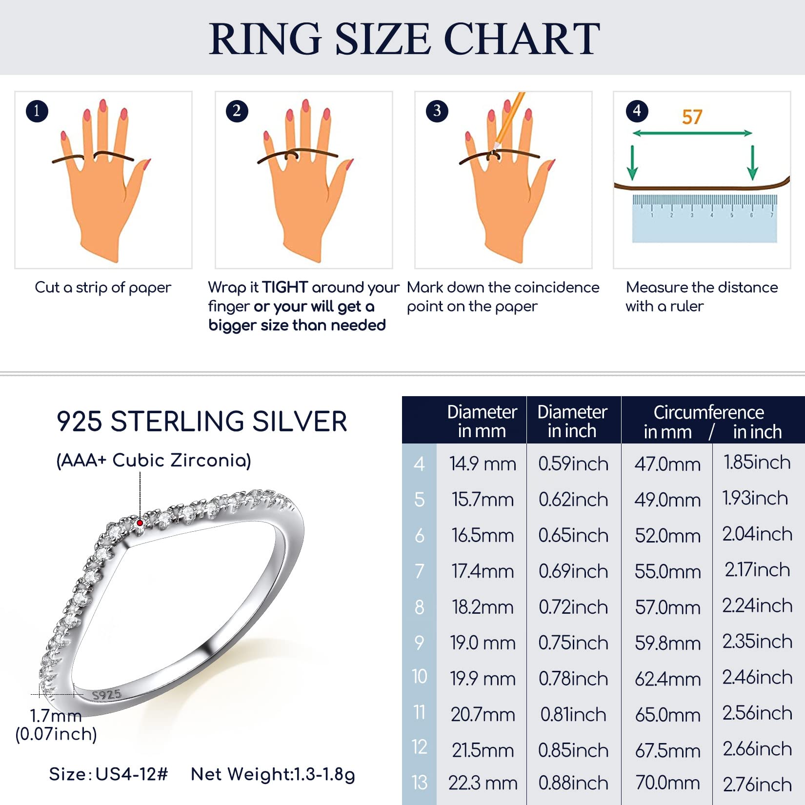 Suplight Chevron Wedding Band Size 12 Sterling Silver Wishbone 'V' Ring for Women with Cubic Zirconia