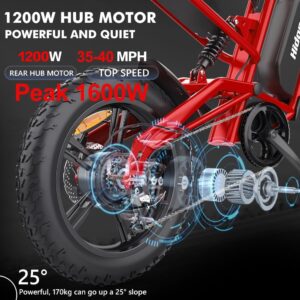 Hidoes Electric Bike 1600W (Peak) 20 * 4" Fat Tire 40MPH 30-60Mile Moped, 15.6Ah Winter Snow Beach Hill Mountain Electric Bicycle Commuting Motorcycle, 8-Layer Suspension Dual Brakes for Adults Teens