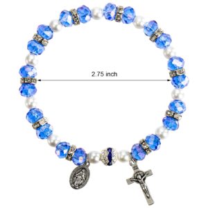 Coloch 6 Pack Women's Bead Stretch Rosary Bracelet, Crystal Cross Bracelet Catholic Bracelets with Crucifix and Miraculous Medal for Girl, Women, Birthday, Anniversary, Valentine's Day, White, faux