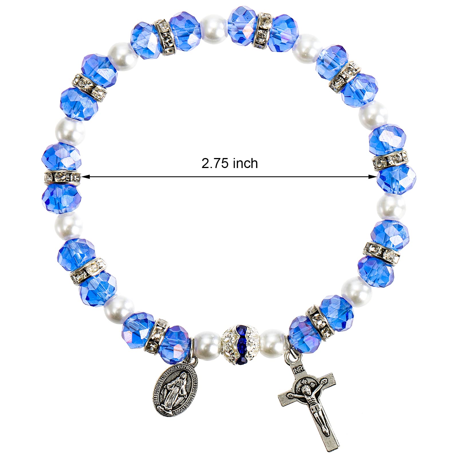 Coloch 6 Pack Women's Bead Stretch Rosary Bracelet, Crystal Cross Bracelet Catholic Bracelets with Crucifix and Miraculous Medal for Girl, Women, Birthday, Anniversary, Valentine's Day, White, faux