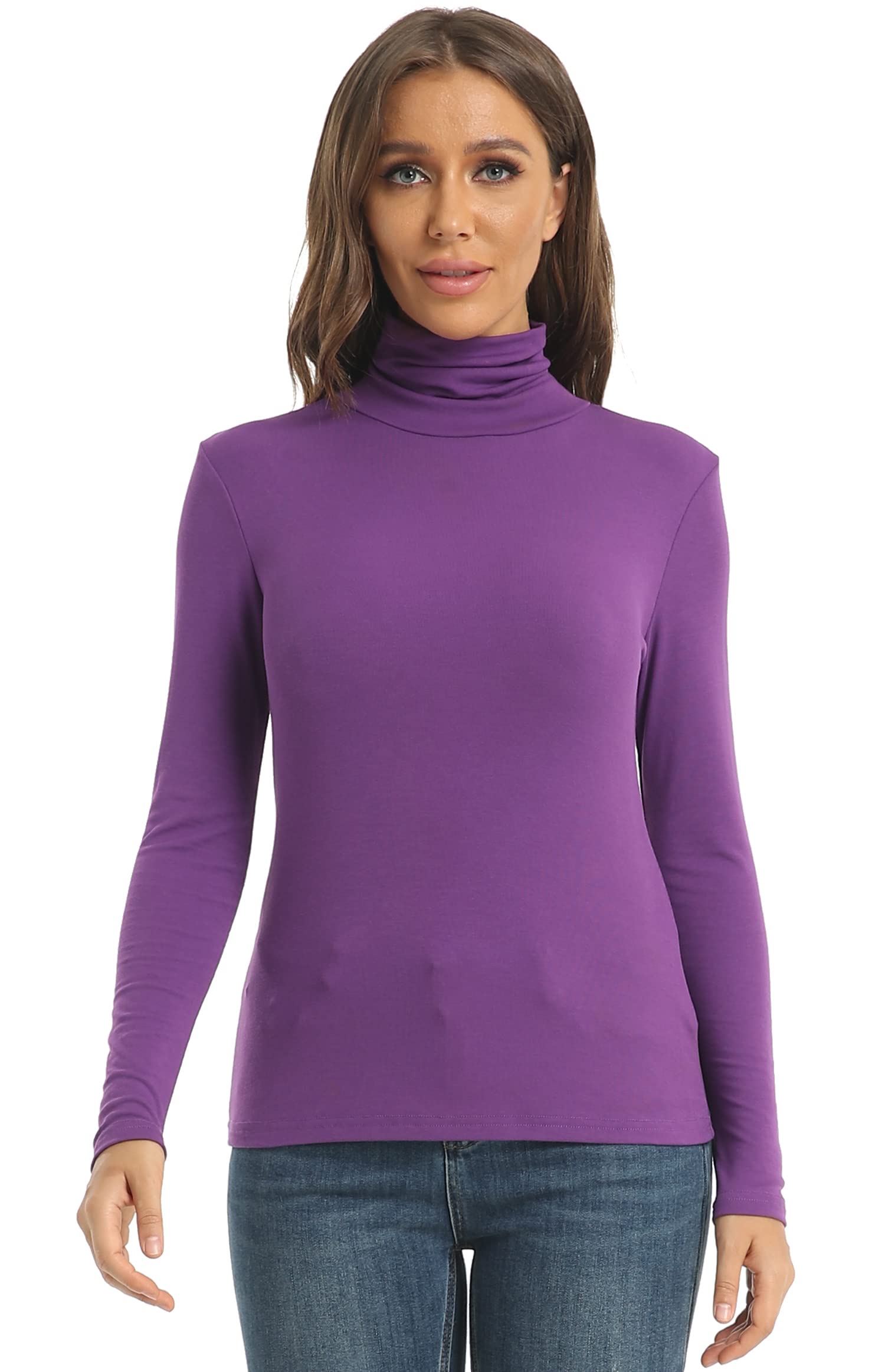 Women's Long Sleeve Turtleneck Tops Lightweight Slim Base Layer Shirt Purple X-Large