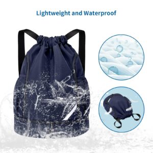 Oziral Drawstring Backpack Water Resistant String Bag Gym Sports with Shoe Compartment Side Mesh Pockets for Women Men (Blue)