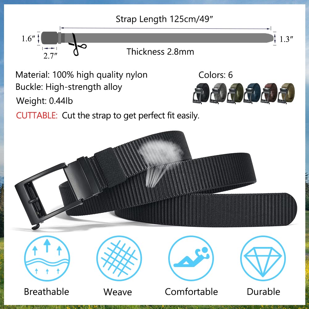 LionVII Men's Ratchet Belt, Casual Web Belt for Men with Click Buckle and Nylon Fabric Strap, Easy Adjustable Trim to Fit (Black)