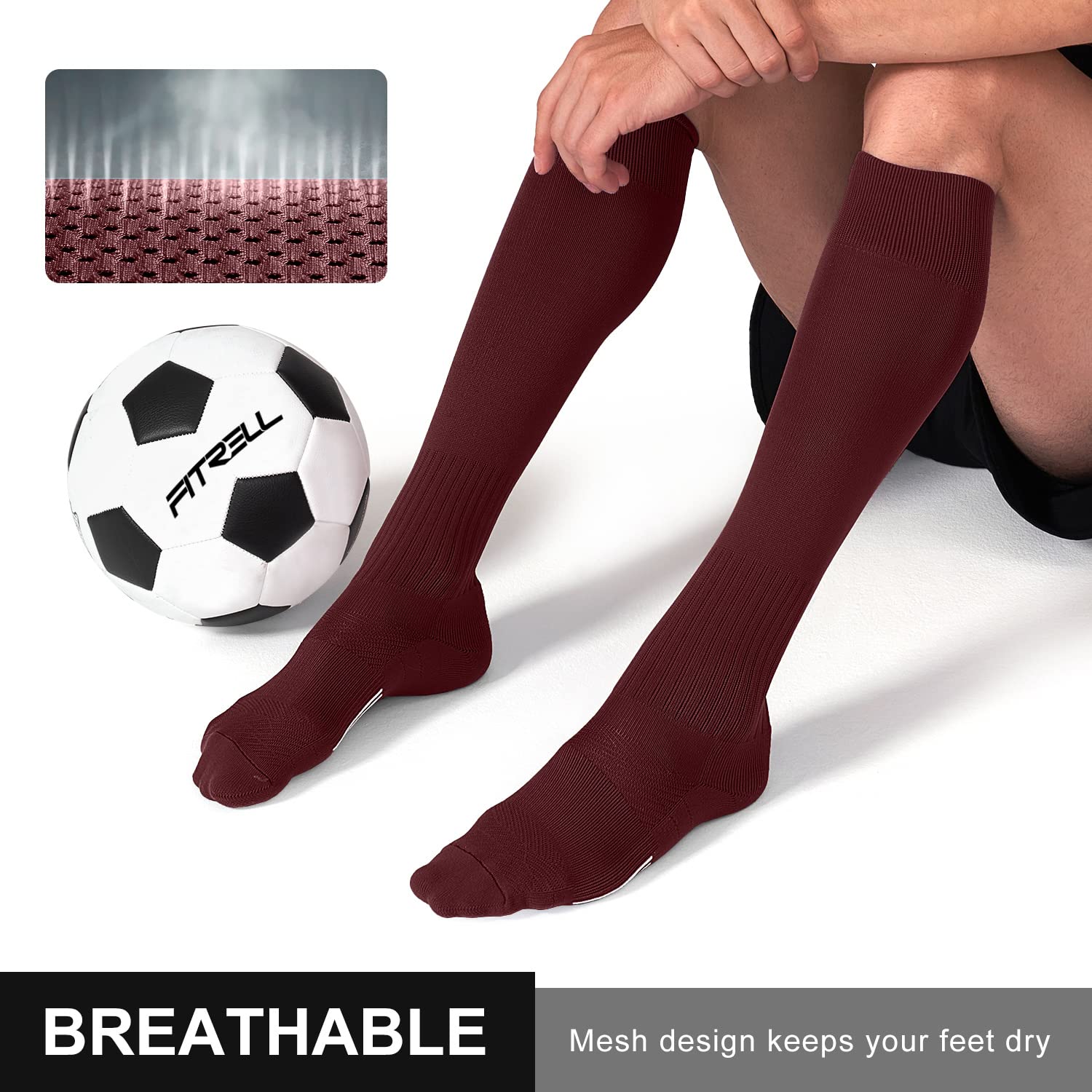 FITRELL 2/3 Pack Soccer Socks For Youth Kids Adult Baseball Softball Football Socks For Men Women Boys Girls, Maroon, Large