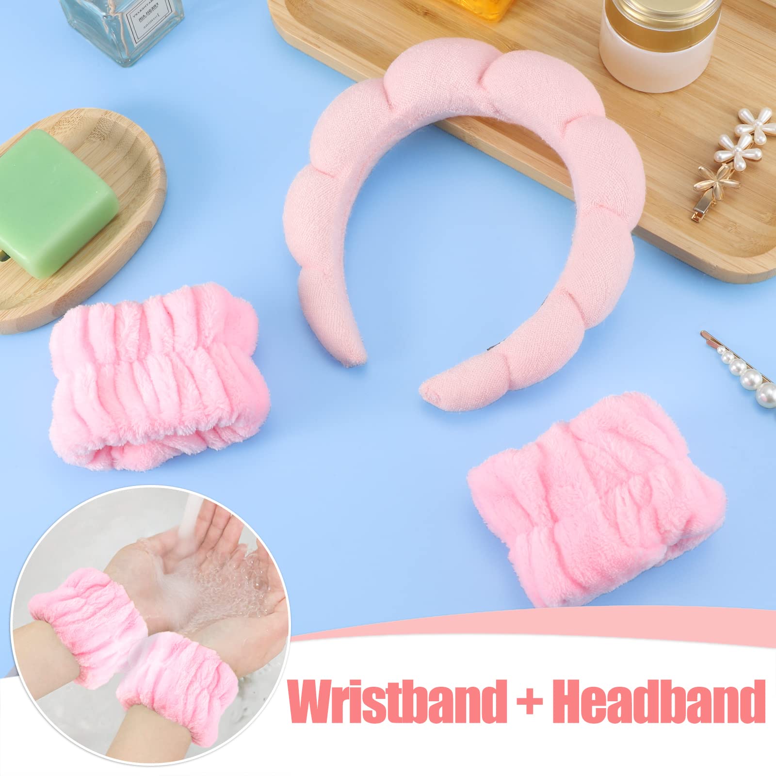 Sponge Spa Headband for Women, Makeup Headband and Wrist Washband Set Pink Skincare Facial Headband for Face Washing, Skincare, Teen Girl Gifts Trendy Stuff