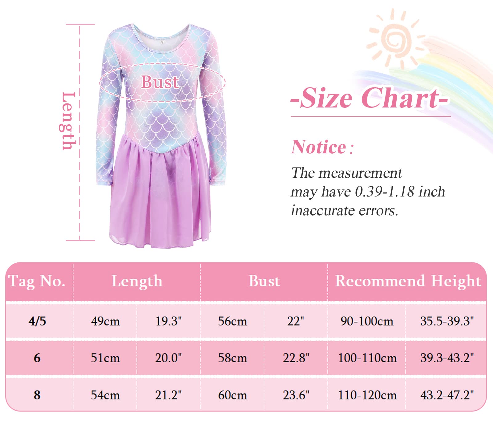 SEAUR Gymnastics Outfits for Girls with Skirt Girls Gymnastics Skirted Leotards Ballet Dance Dress Long Sleeve Tutu Leotard Mermaid Dance Wear 7-8T