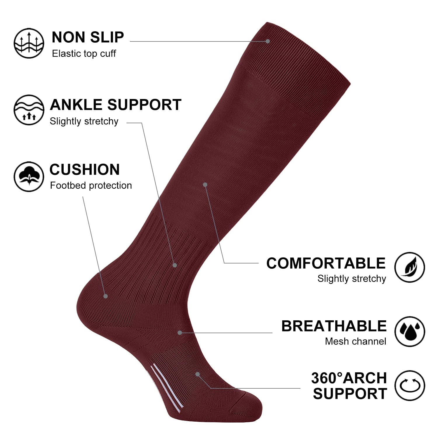 FITRELL 2/3 Pack Soccer Socks For Youth Kids Adult Baseball Softball Football Socks For Men Women Boys Girls, Maroon, X-Small