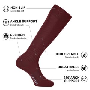 FITRELL 2/3 Pack Soccer Socks For Youth Kids Adult Baseball Softball Football Socks For Men Women Boys Girls, Maroon, Large