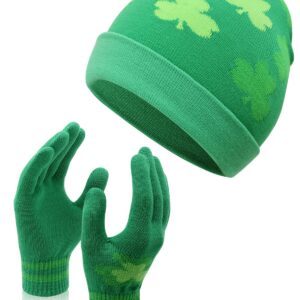 2PCS St Patrick's Day Beanie and Gloves Set Spring Green Shamrock Hat St Patricks Day Accessories Irish Knitted Hat Clover Glove for Women and Men Saints Beanie Gift