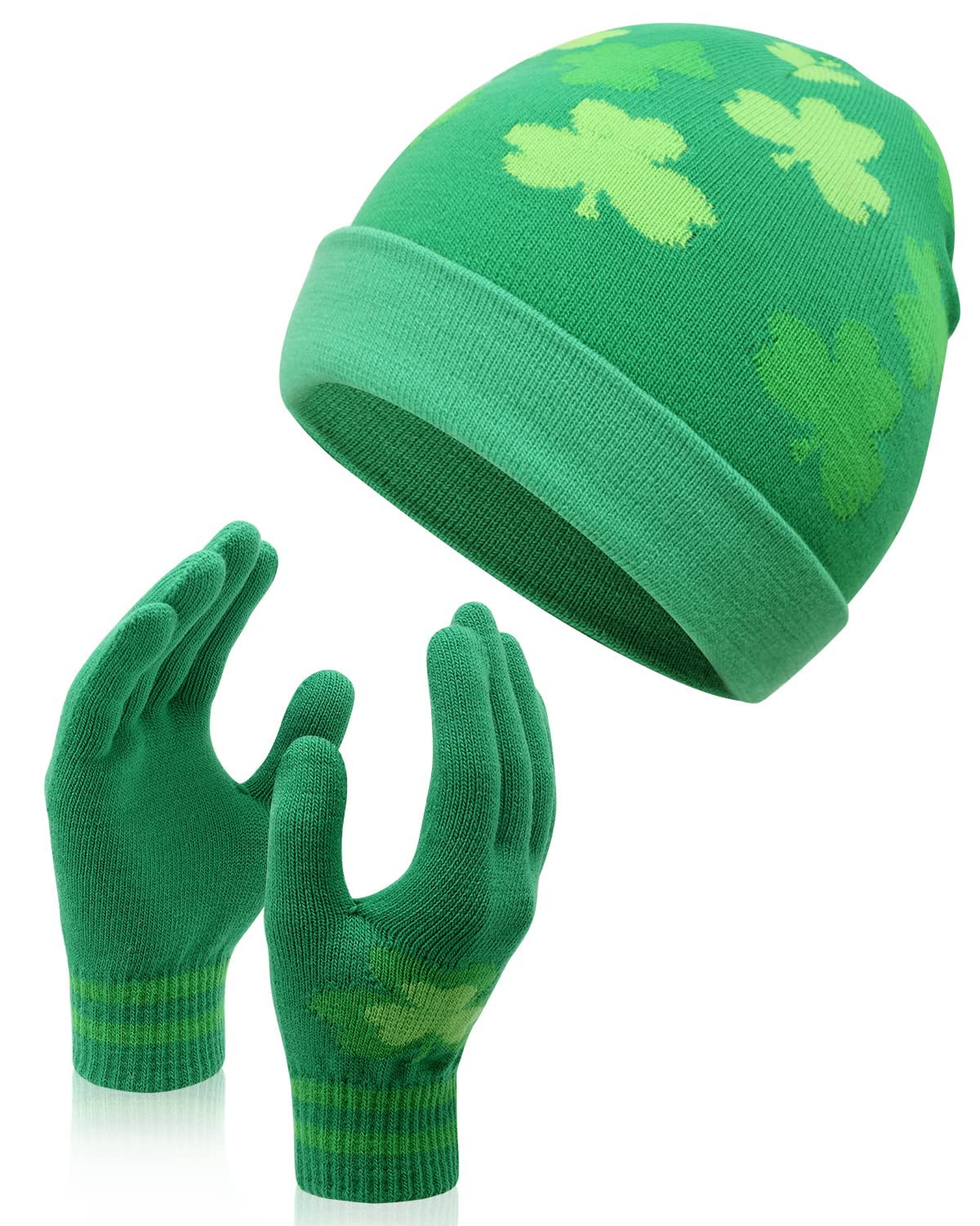 2PCS St Patrick's Day Beanie and Gloves Set Spring Green Shamrock Hat St Patricks Day Accessories Irish Knitted Hat Clover Glove for Women and Men Saints Beanie Gift