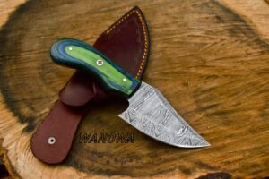 wanowa damascus steel handmade skinner knife , custom hand forged skinning knife with leather sheath (ac-39)