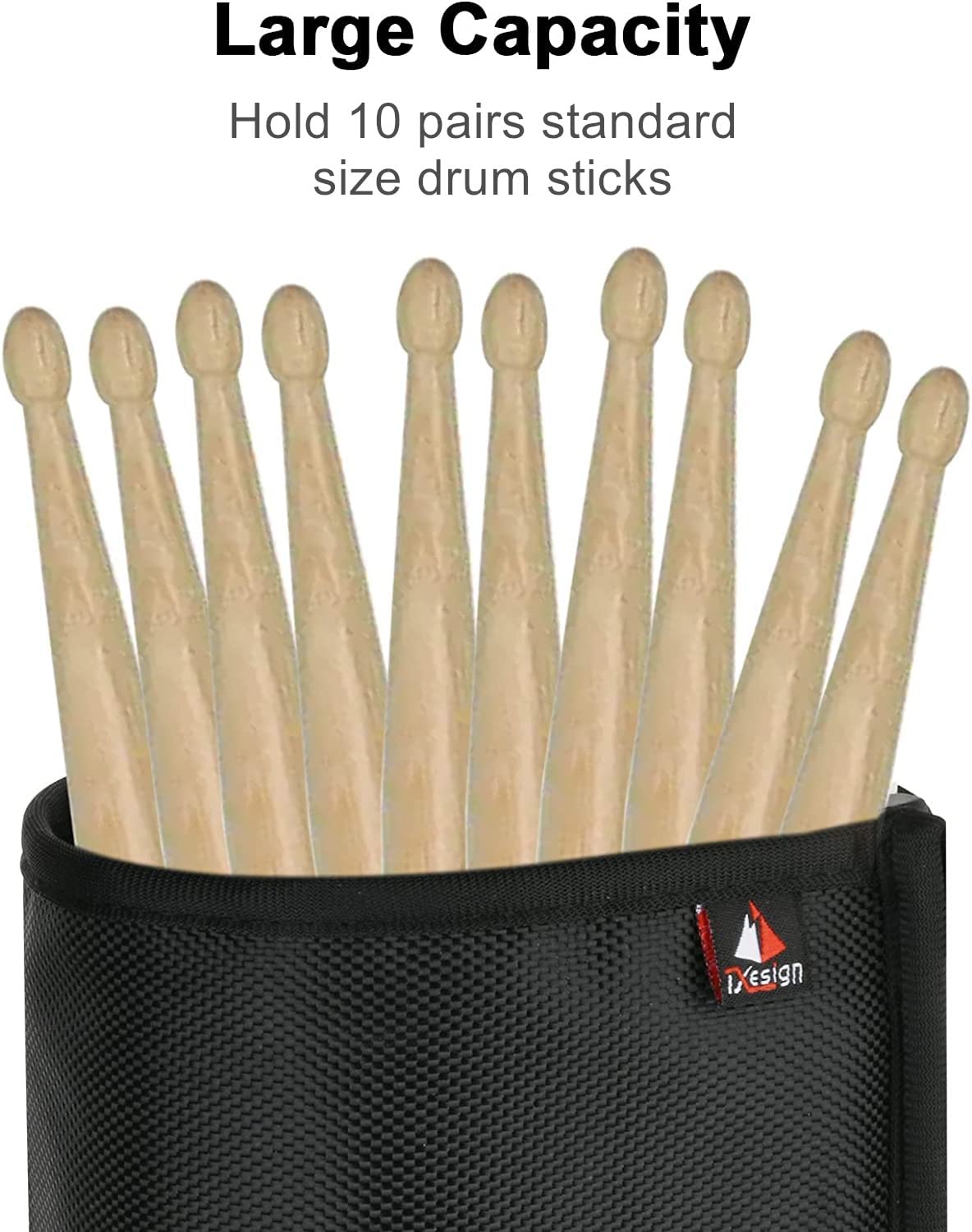 TXEsign Drumstick Holder Drum Sticks Holder Bag for Drumsticks Brushes Mallets Up to 10 Pairs, Two Straps Attach to Drum Kit & Music Stand (Black)