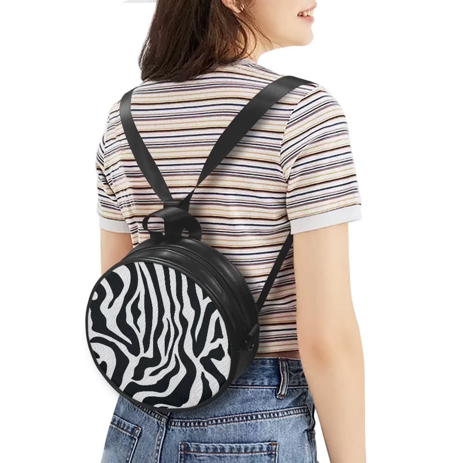 xixirimido Zebra Backpack for Girls Women Purse Black and White Round Crossbody Handbag Daypack Messenger Durable Lightweight Mini Work Shopping Tote