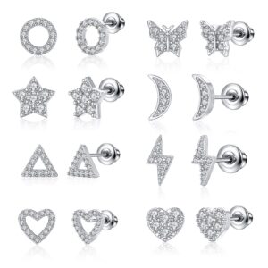 faious 8 pairs s925 sterling silver stud earrings hypoallergenic earrings lightning, moon and heart cz tiny butterfly for kids, toddlers, little girls, teens, women