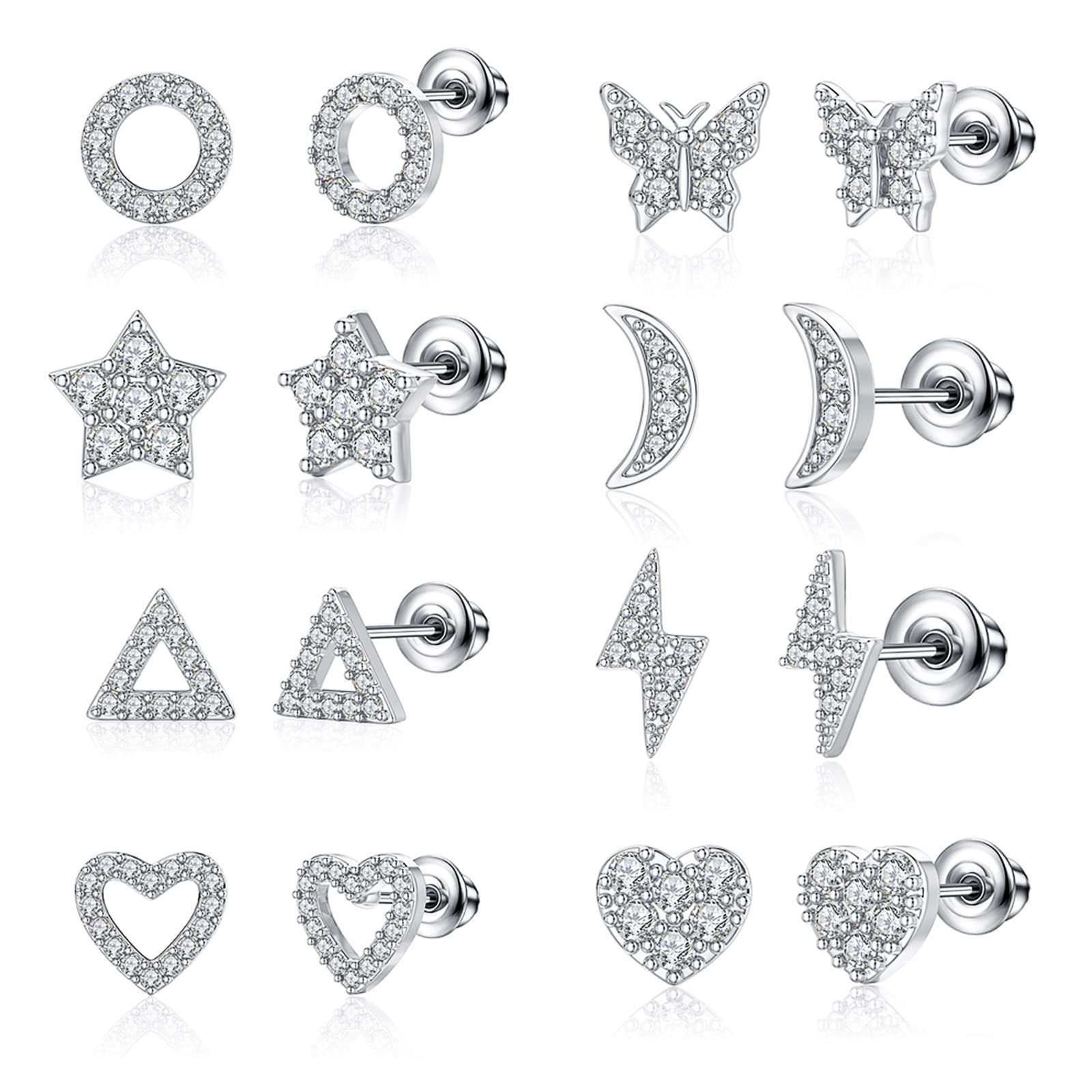 FAIOUS 8 Pairs S925 Sterling Silver Stud Earrings Hypoallergenic Earrings Lightning, Moon and Heart CZ Tiny Butterfly For Kids, Toddlers, Little Girls, Teens, Women