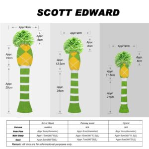 Scott Edward Knitted Golf Head Covers 4PCS Handmade Fit Well for Driver and Fairway Woods with Long Neck Pom Pom Golf Club Headcovers Set (Green Yellow Argyle)