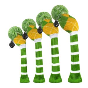 scott edward knitted golf head covers 4pcs handmade fit well for driver and fairway woods with long neck pom pom golf club headcovers set (green yellow argyle)