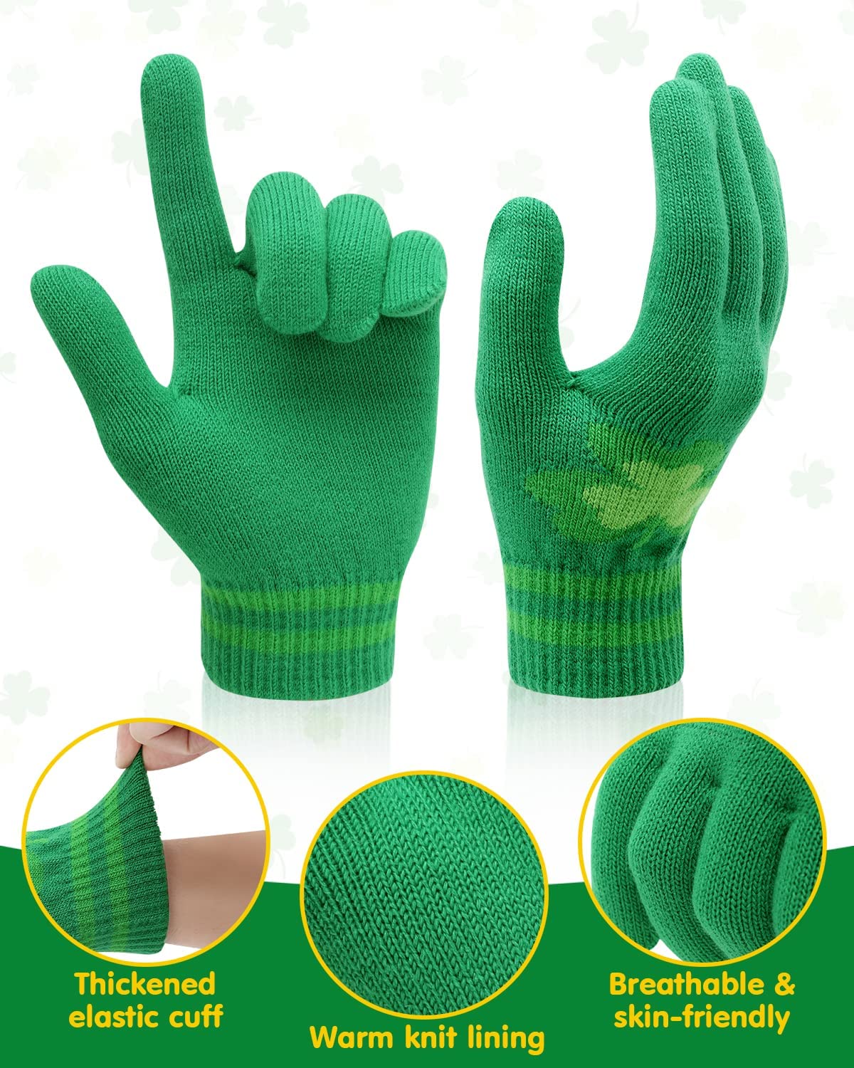 2PCS St Patrick's Day Beanie and Gloves Set Spring Green Shamrock Hat St Patricks Day Accessories Irish Knitted Hat Clover Glove for Women and Men Saints Beanie Gift