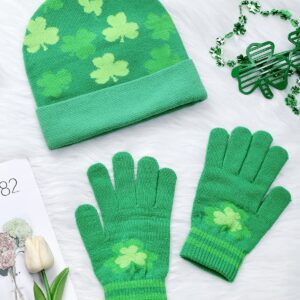 2PCS St Patrick's Day Beanie and Gloves Set Spring Green Shamrock Hat St Patricks Day Accessories Irish Knitted Hat Clover Glove for Women and Men Saints Beanie Gift