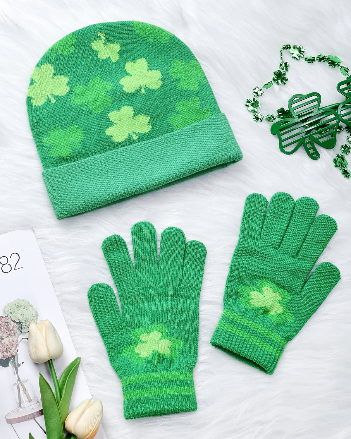 2PCS St Patrick's Day Beanie and Gloves Set Spring Green Shamrock Hat St Patricks Day Accessories Irish Knitted Hat Clover Glove for Women and Men Saints Beanie Gift