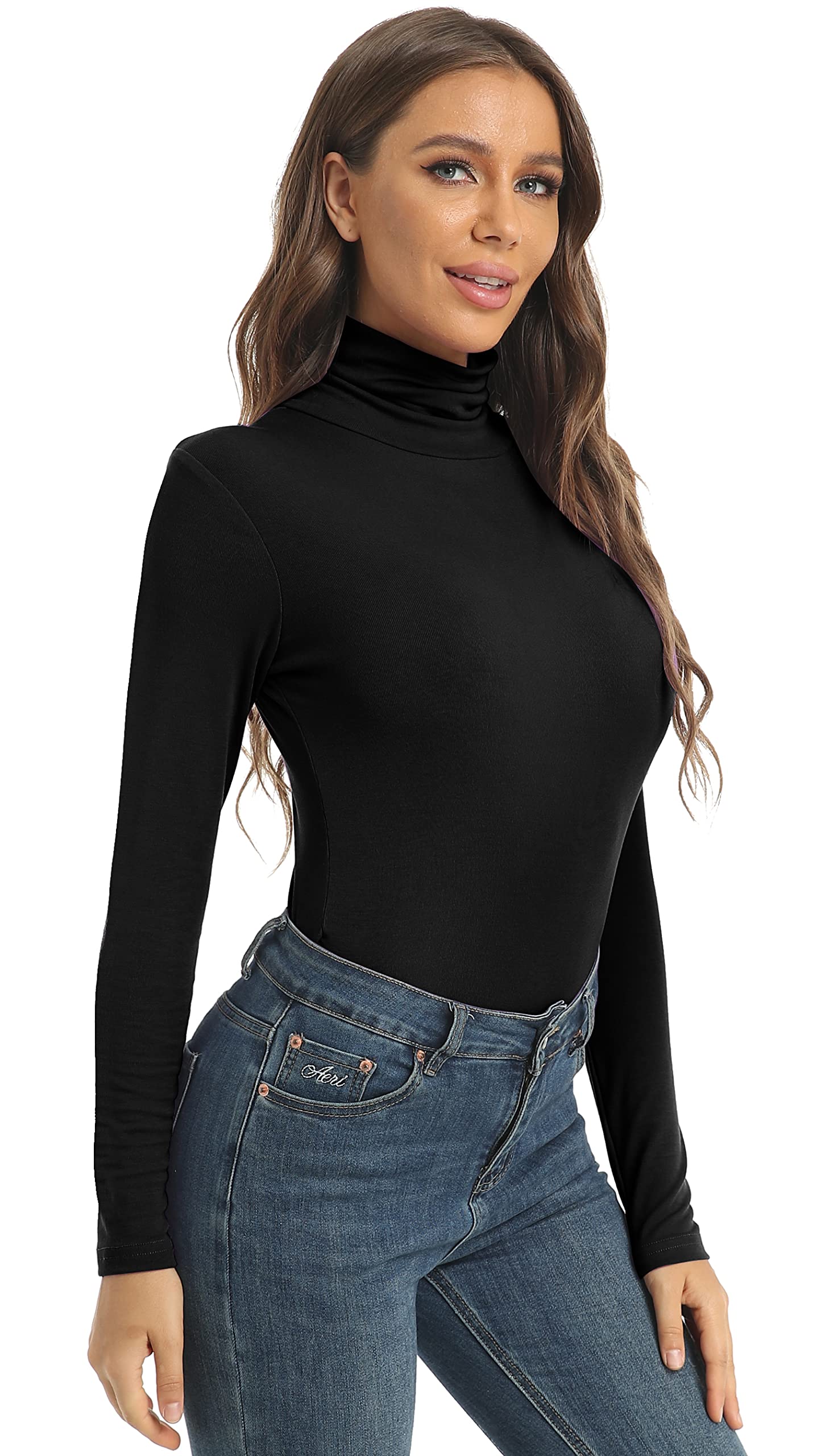 Women's Long Sleeve Turtleneck Tops Lightweight Slim Base Layer Shirt Black XX-Large