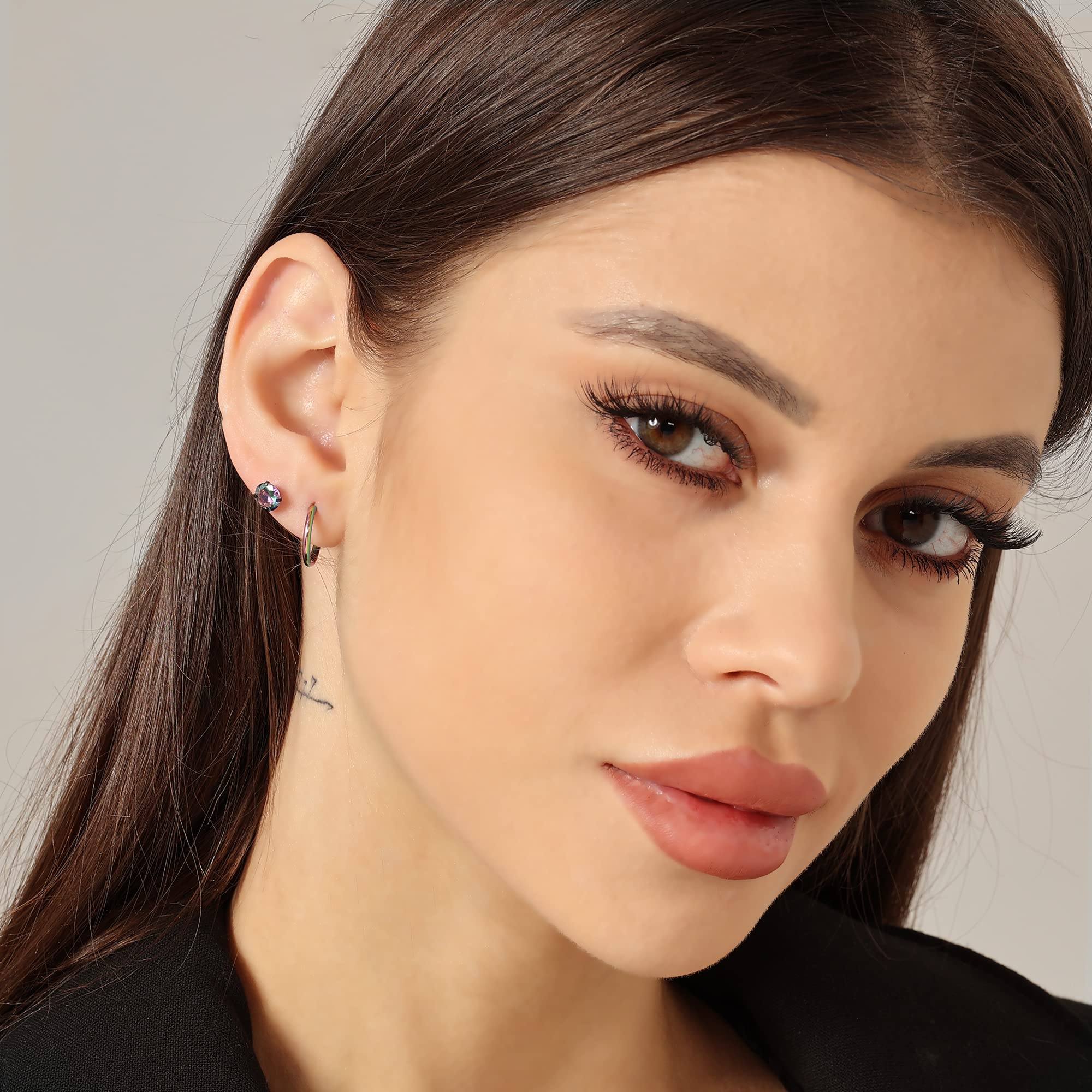 Titanium Screw Back Stainless Steel Stud and Hoop Earrings for Women Men (Black Set-Rainbow CZ)