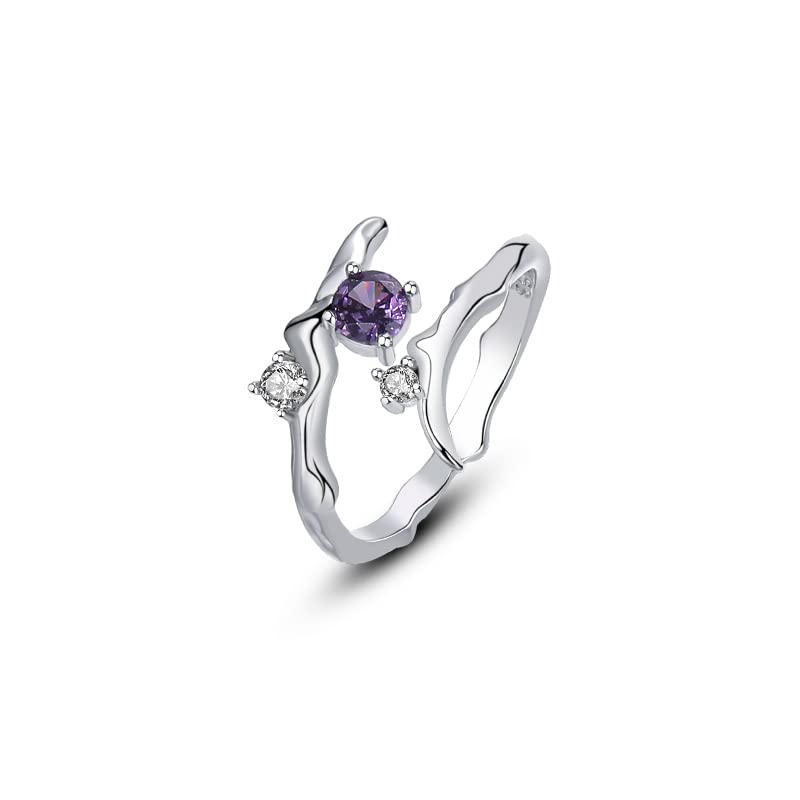 925 Sterling Silver Designed Ring Female Ins Style Purple Zircon Irregular Line Fashion Unique Open End Ring Jewelry Gift for Women (Three Zircon Gemstones)