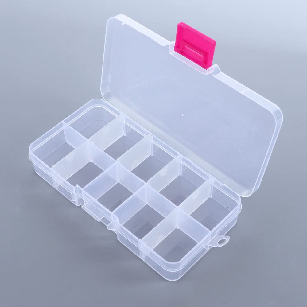 10 Grids Fishing Lure Storage Box, Plastic Storage Box Transparent Fishing Tackle Box, Square Storage Case Fish Hook Lure Box(Transparent Pink Buckle)