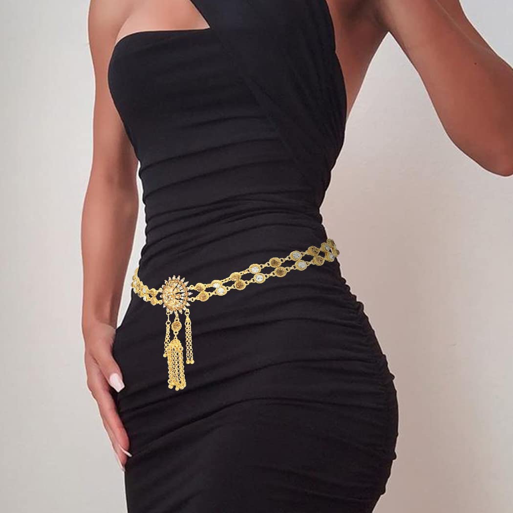 Urieo Tassel Rhinestone Waist Chain Belt Crystal Gold Belly Chains Layered Adjustable Dress Chain Belts Body Jewelry Accessories for Women