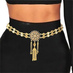 urieo tassel rhinestone waist chain belt crystal gold belly chains layered adjustable dress chain belts body jewelry accessories for women