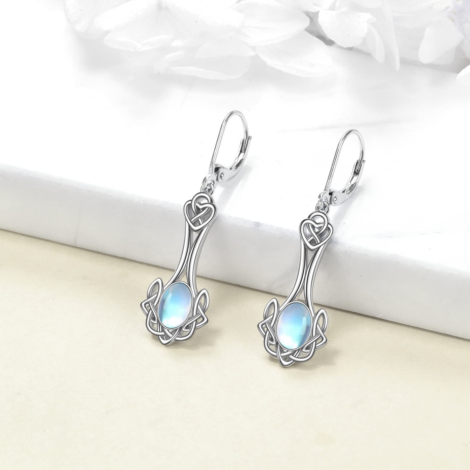 YFN Celtic Moonstone Irish Knot Drop Dangle Earrings Sterling Silver Leverback Earrings Jewelry for Women