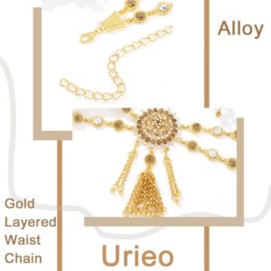 Urieo Tassel Rhinestone Waist Chain Belt Crystal Gold Belly Chains Layered Adjustable Dress Chain Belts Body Jewelry Accessories for Women