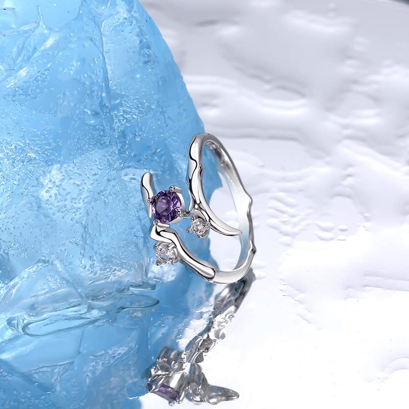 925 Sterling Silver Designed Ring Female Ins Style Purple Zircon Irregular Line Fashion Unique Open End Ring Jewelry Gift for Women (Three Zircon Gemstones)