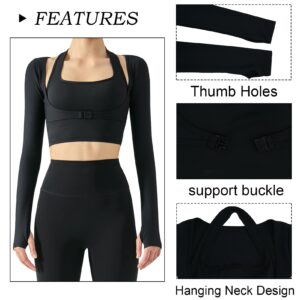 Long Sleeve Halter Crop Top for Women Cutout Sports Shrug Shirt Stretch Slim Fit Workout Tshirt Gym Yoga Tank Top Thumb Hole Running Training Crop Sport Bra Black