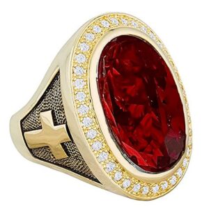 HKN1682 Designs Ruby Red Cubic Zirconia 14k Gold Plated Bishop Cross and Midre Ring Size 13