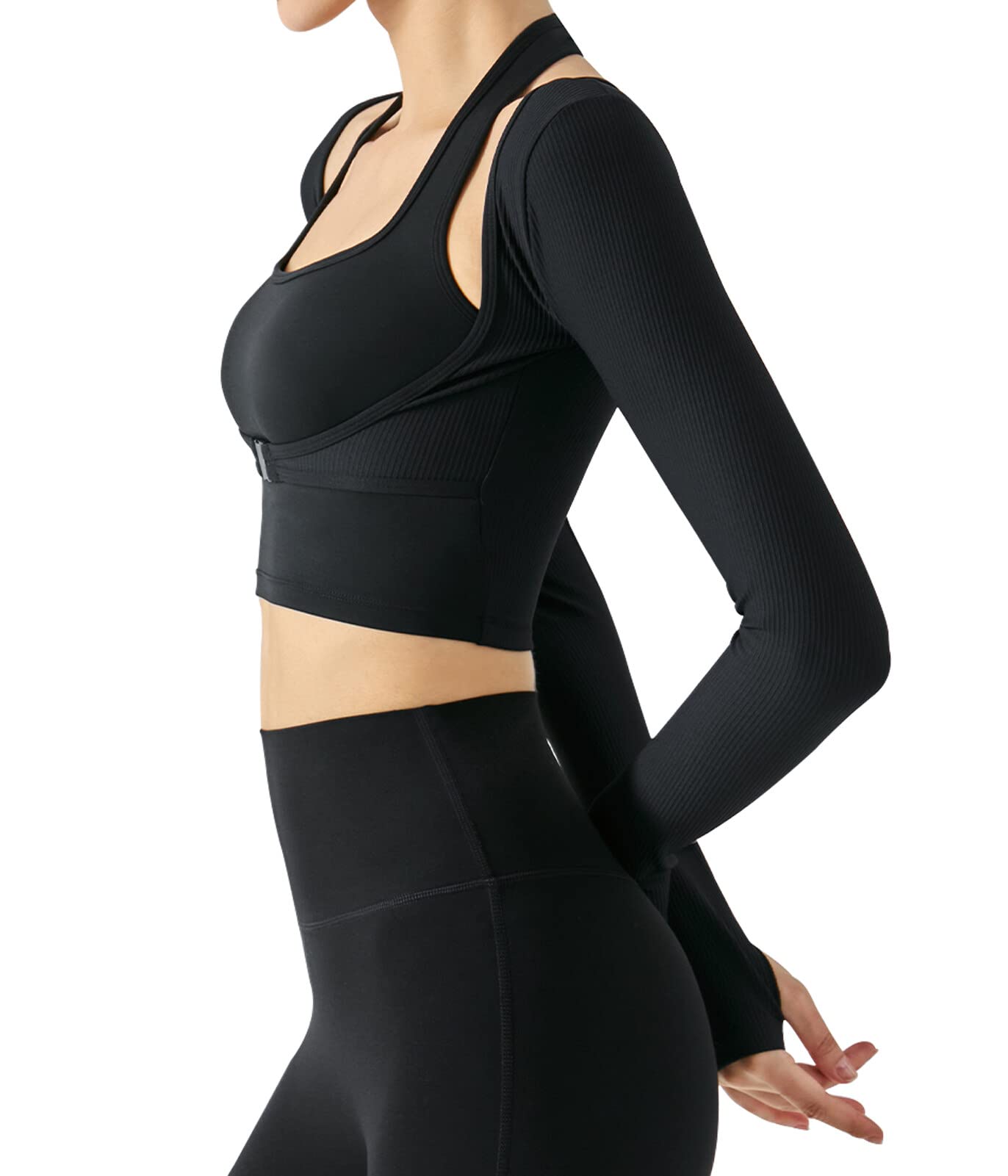 Long Sleeve Halter Crop Top for Women Cutout Sports Shrug Shirt Stretch Slim Fit Workout Tshirt Gym Yoga Tank Top Thumb Hole Running Training Crop Sport Bra Black