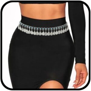 Urieo Boho Coin Waist Chain Belt Pendant Silver Belly Chains Adjustable Bikini Party Dress Chain Belts Body Jewelry for Women