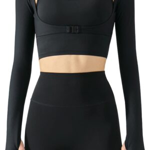 Long Sleeve Halter Crop Top for Women Cutout Sports Shrug Shirt Stretch Slim Fit Workout Tshirt Gym Yoga Tank Top Thumb Hole Running Training Crop Sport Bra Black