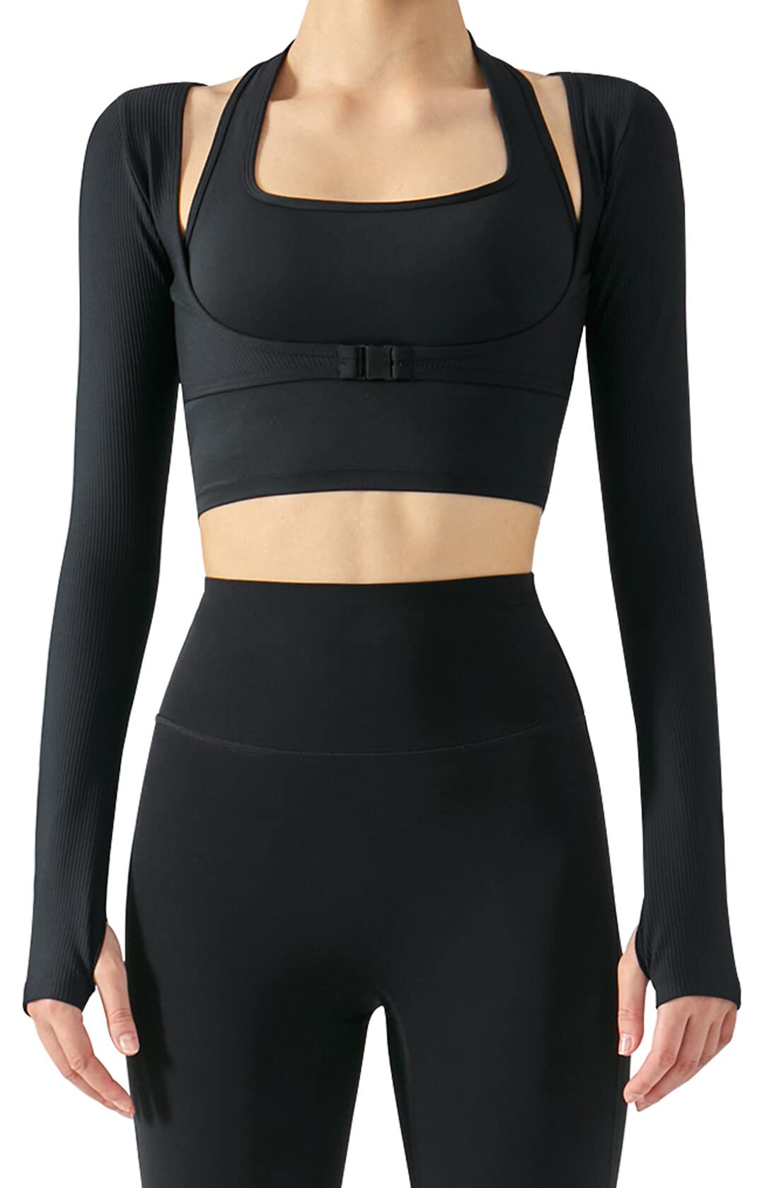 Long Sleeve Halter Crop Top for Women Cutout Sports Shrug Shirt Stretch Slim Fit Workout Tshirt Gym Yoga Tank Top Thumb Hole Running Training Crop Sport Bra Black