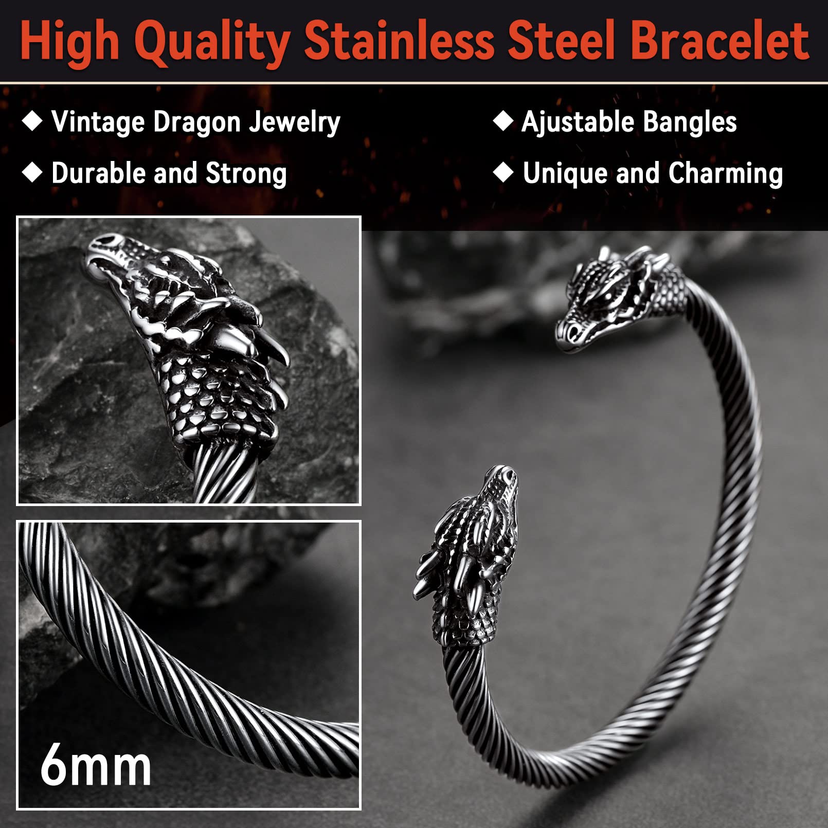 FaithHeart Dragon Head Cuff Bracelet for Male Adjustable Stainless Steel Punk Gothic Viking Bangles for Boyfriend