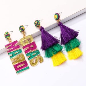 2 Pairs Mardi Gras Earrings for Women Beaded Mask Tassel Dangle Earrings Fat Tuesday Carnival Parade Jewelry Gifts