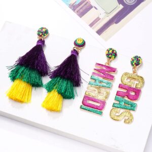 2 Pairs Mardi Gras Earrings for Women Beaded Mask Tassel Dangle Earrings Fat Tuesday Carnival Parade Jewelry Gifts