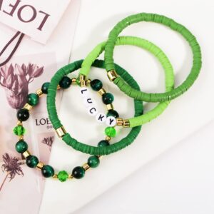 GOOTII Green Bracelets for Women Stackable Inspirational Message Clay Bead Crystal Stone Beaded Stretch Bracelets Set Friendship Boho Handmade Green Jewelry