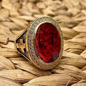 HKN1682 Designs Ruby Red Cubic Zirconia 14k Gold Plated Bishop Cross and Midre Ring Size 13