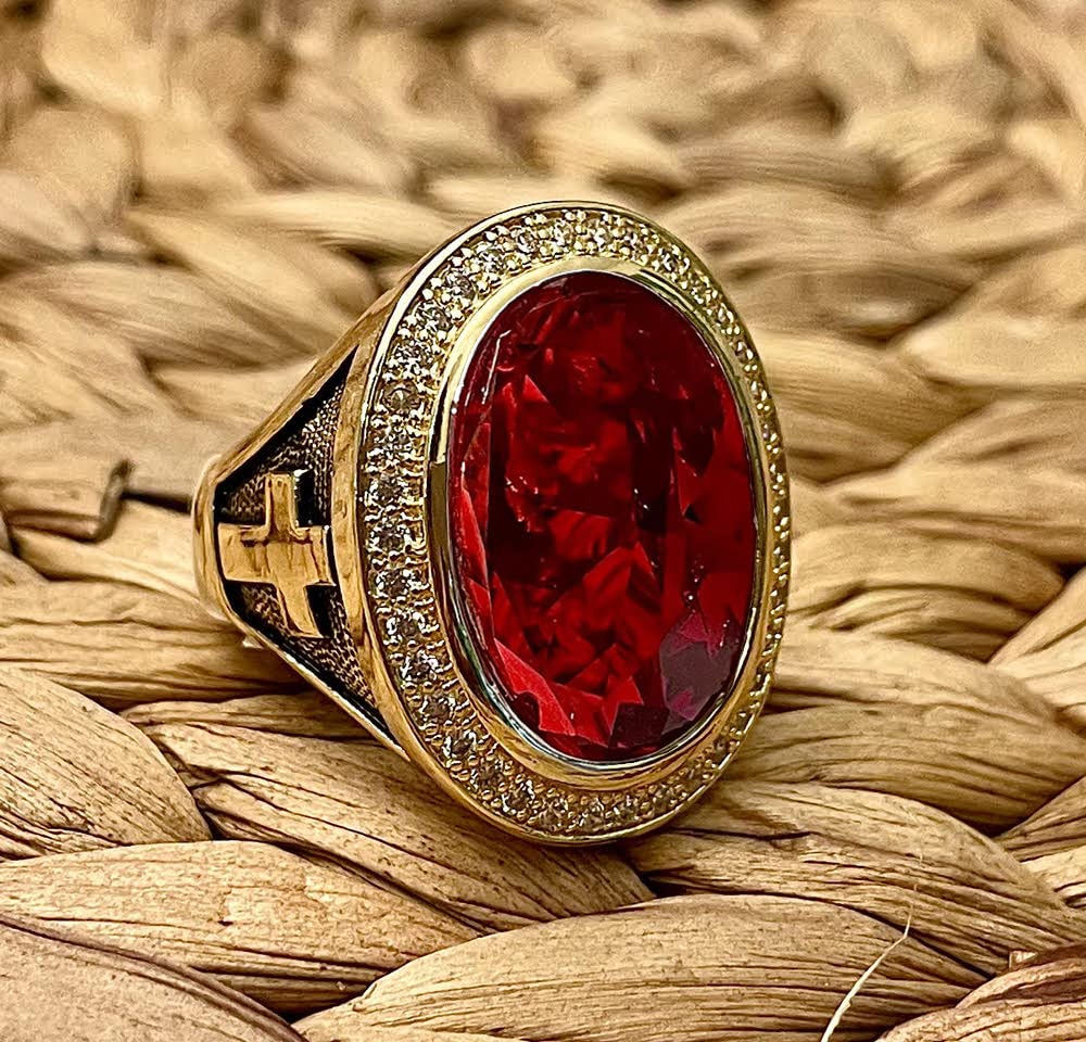 HKN1682 Designs Ruby Red Cubic Zirconia 14k Gold Plated Bishop Cross and Midre Ring Size 13