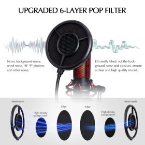 SUNMON Mic Pop Filter with Windsrceen Foam Cover,Compatible with HyperX QuadCast,6 Layered Wind Pop Screen with Flexible 360° Gooseneck Clip Stabilizing Arm for Improve sound quality,Noise reduction