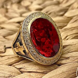 HKN1682 Designs Ruby Red Cubic Zirconia 14k Gold Plated Bishop Cross and Midre Ring Size 13