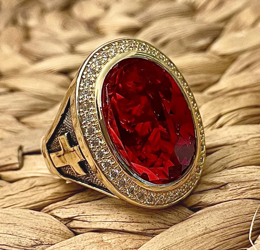 HKN1682 Designs Ruby Red Cubic Zirconia 14k Gold Plated Bishop Cross and Midre Ring Size 13