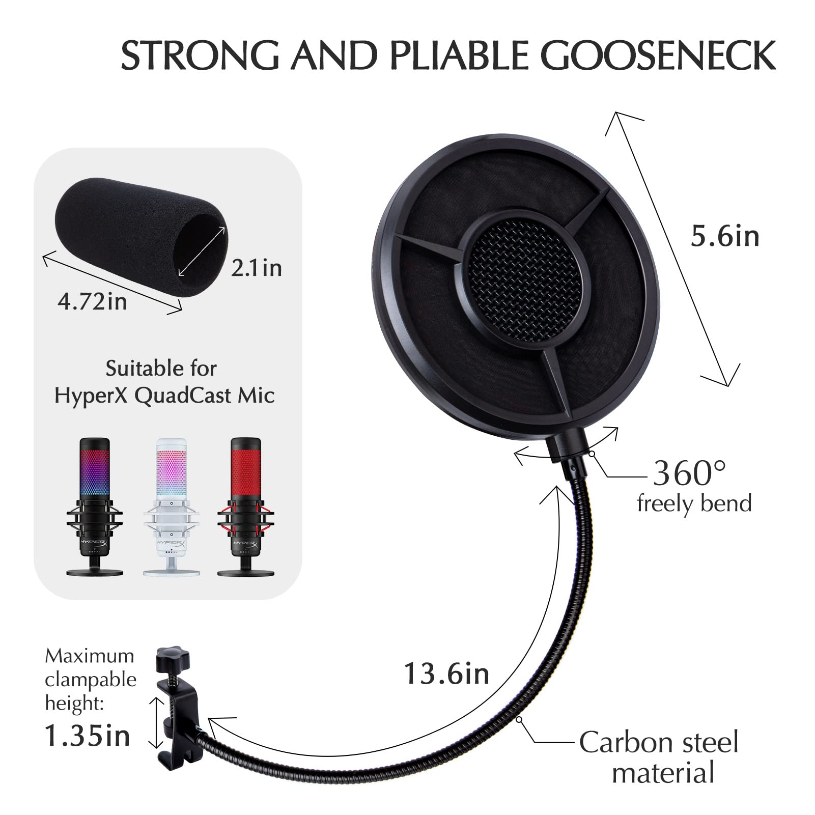 SUNMON Mic Pop Filter with Windsrceen Foam Cover,Compatible with HyperX QuadCast,6 Layered Wind Pop Screen with Flexible 360° Gooseneck Clip Stabilizing Arm for Improve sound quality,Noise reduction