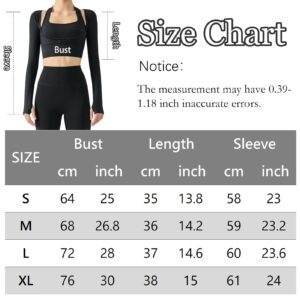 Long Sleeve Halter Crop Top for Women Cutout Sports Shrug Shirt Stretch Slim Fit Workout Tshirt Gym Yoga Tank Top Thumb Hole Running Training Crop Sport Bra Black